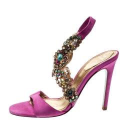 Pre Owned René Caovilla Pink Suede Crystal Embellished Anklet Sandals Size 37
