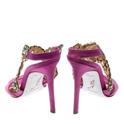 Pre Owned René Caovilla Pink Suede Crystal Embellished Anklet Sandals Size 37