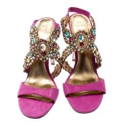 Pre Owned René Caovilla Pink Suede Crystal Embellished Anklet Sandals Size 37