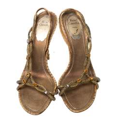 Pre Owned Rene Caovilla Yellow Satin Crystal Embellished Slingback Sandals Size 37.5