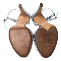 Pre Owned Rene Caovilla Silver Crystal Embellished Snakeskin Open Toe Crisscross Ankle Strap Sandals Size 38