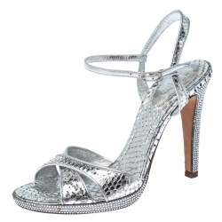 Pre Owned Rene Caovilla Silver Crystal Embellished Snakeskin Open Toe Crisscross Ankle Strap Sandals Size 38