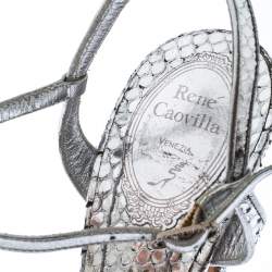Pre Owned Rene Caovilla Silver Crystal Embellished Snakeskin Open Toe Crisscross Ankle Strap Sandals Size 38