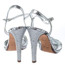 Pre Owned Rene Caovilla Silver Crystal Embellished Snakeskin Open Toe Crisscross Ankle Strap Sandals Size 38