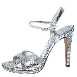 Pre Owned Rene Caovilla Silver Crystal Embellished Snakeskin Open Toe Crisscross Ankle Strap Sandals Size 38