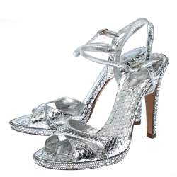Pre Owned Rene Caovilla Silver Crystal Embellished Snakeskin Open Toe Crisscross Ankle Strap Sandals Size 38