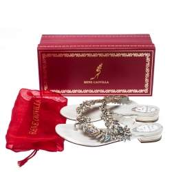 Pre Owned Rene Caovilla White Leather Crystal Embellished Slides Sandals Size 36