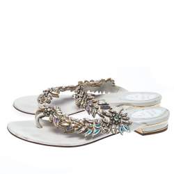Pre Owned Rene Caovilla White Leather Crystal Embellished Slides Sandals Size 36