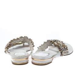 Pre Owned Rene Caovilla White Leather Crystal Embellished Slides Sandals Size 36