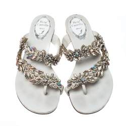 Pre Owned Rene Caovilla White Leather Crystal Embellished Slides Sandals Size 36