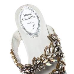 Pre Owned Rene Caovilla White Leather Crystal Embellished Slides Sandals Size 36