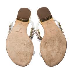 Pre Owned Rene Caovilla White Leather Crystal Embellished Slides Sandals Size 36