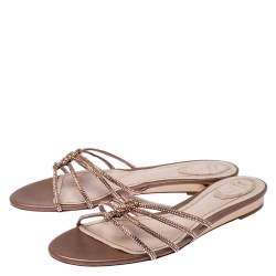 Rene Caovilla Beige Crystal Embellished Satin Flat Slides Size 42