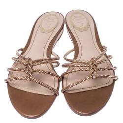 Rene Caovilla Beige Crystal Embellished Satin Flat Slides Size 42