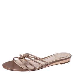 Rene Caovilla Beige Crystal Embellished Satin Flat Slides Size 42