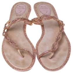 Rene Caovilla Pink Crystal Embellished Thong Flat Sandals Size 41
