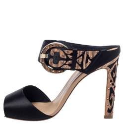 Pre Owned Rene Caovilla Black Satin Embellished Buckle Sandals Size 37.5