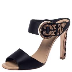 Pre Owned Rene Caovilla Black Satin Embellished Buckle Sandals Size 37.5