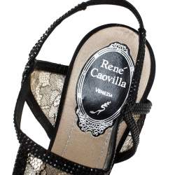 René Caovilla Black Lace And Satin Crystal Embellished Open Toe Slingback Sandals Size 37
