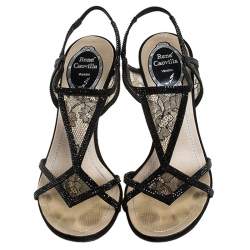 René Caovilla Black Lace And Satin Crystal Embellished Open Toe Slingback Sandals Size 37
