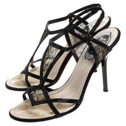 René Caovilla Black Lace And Satin Crystal Embellished Open Toe Slingback Sandals Size 37