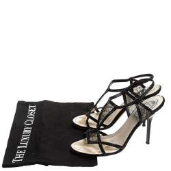 René Caovilla Black Lace And Satin Crystal Embellished Open Toe Slingback Sandals Size 37