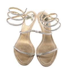 Pre Owned Rene Caovilla Metallic Gold Crystal Embellished Ankle Wrap Sandals Size 38