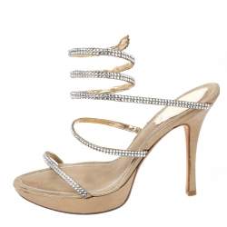Pre Owned Rene Caovilla Metallic Gold Crystal Embellished Ankle Wrap Sandals Size 38