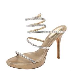 Pre Owned Rene Caovilla Metallic Gold Crystal Embellished Ankle Wrap Sandals Size 38