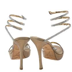Pre Owned Rene Caovilla Metallic Gold Crystal Embellished Ankle Wrap Sandals Size 38