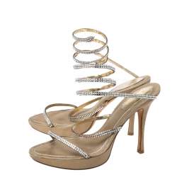 Pre Owned Rene Caovilla Metallic Gold Crystal Embellished Ankle Wrap Sandals Size 38