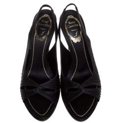 Pre Owned Renè Caovilla Black Pleated Satin Slingback Embellished Platform Sandals Size 39