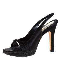 Pre Owned Renè Caovilla Black Pleated Satin Slingback Embellished Platform Sandals Size 39