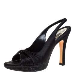 Pre Owned Renè Caovilla Black Pleated Satin Slingback Embellished Platform Sandals Size 39