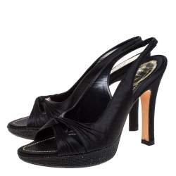 Pre Owned Renè Caovilla Black Pleated Satin Slingback Embellished Platform Sandals Size 39