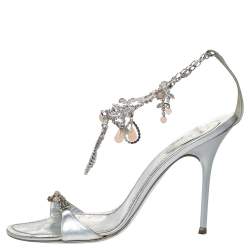 Pre Owned René Caovilla Metallic Silver Leather Embellished Anklet Open Toe Sandals Size 40