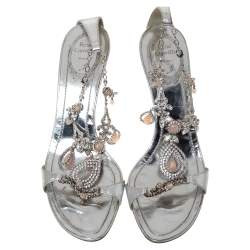 Pre Owned René Caovilla Metallic Silver Leather Embellished Anklet Open Toe Sandals Size 40