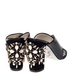 Rene Caovilla Black Leather And Suede Crystal Embellished Block Heel Sandals Size 37