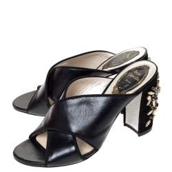 Rene Caovilla Black Leather And Suede Crystal Embellished Block Heel Sandals Size 37