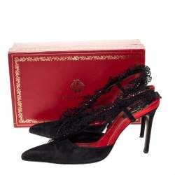 مملوكة مسبقًا صندل رينيه كوفيلا مزخرف كريستال مقدمة مدببة فتحة كعب دانتيل وسويدى أسود مقاس 39