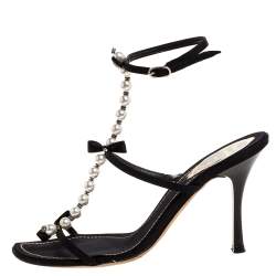 مملوكة مسبقًا Rene Caovilla Black Canvas Pearl T Strap Sandals Size 37