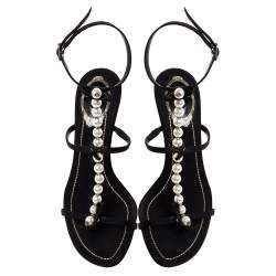 مملوكة مسبقًا Rene Caovilla Black Canvas Pearl T Strap Sandals Size 37