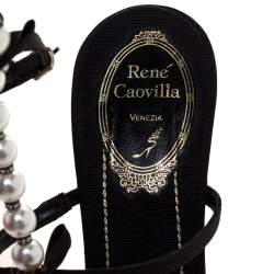 مملوكة مسبقًا Rene Caovilla Black Canvas Pearl T Strap Sandals Size 37