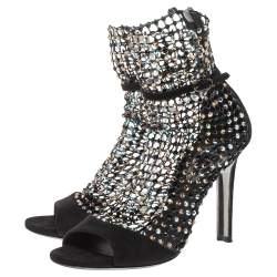 Rene Caovilla Black Suede And Mesh Crystal Embellished Galaxia Sandals Size 37