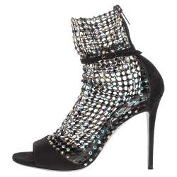Rene Caovilla Black Suede And Mesh Crystal Embellished Galaxia Sandals Size 37