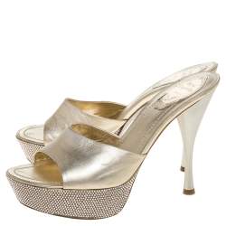 Pre Owned René Caovilla Gold Leather Crystal Embellished Platform Sandals Size 38