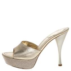 Pre Owned René Caovilla Gold Leather Crystal Embellished Platform Sandals Size 38