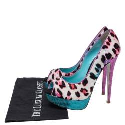 Pre Owned حذاء كعب عالى رينيه كوفيلا مقدمة مفتوحة نعل سميك ساتان زخرفة كريستال و شهر مهر طباعة فهد متعدد الألوان مقاس 37