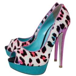 Pre Owned حذاء كعب عالى رينيه كوفيلا مقدمة مفتوحة نعل سميك ساتان زخرفة كريستال و شهر مهر طباعة فهد متعدد الألوان مقاس 37