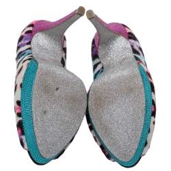 Pre Owned حذاء كعب عالى رينيه كوفيلا مقدمة مفتوحة نعل سميك ساتان زخرفة كريستال و شهر مهر طباعة فهد متعدد الألوان مقاس 37